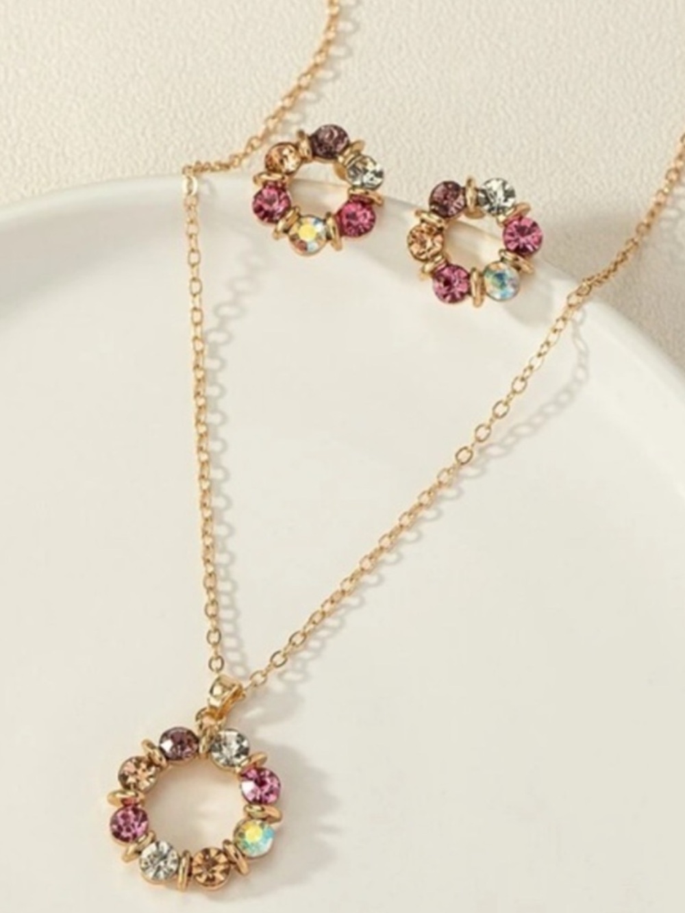 Gold Tone Multicolor Crystal Circle Pendant Necklace and Earrings Set